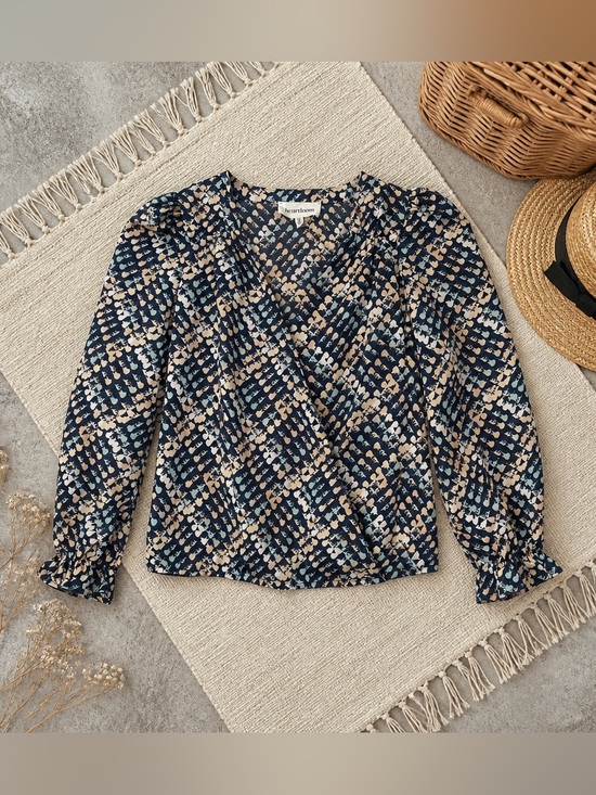 Heartloom Tops - Heartloom Navy and Tan Geometric Wrap Blouse